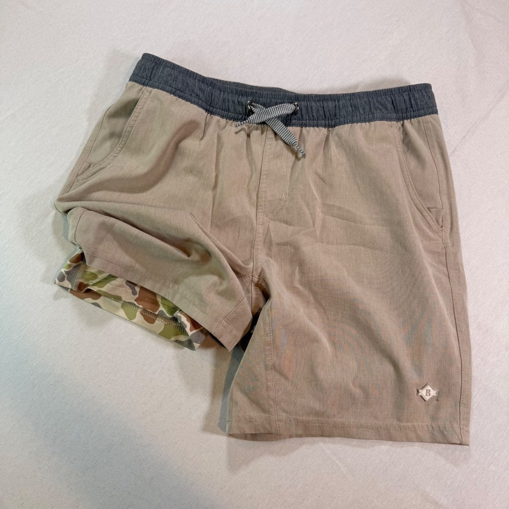 Burlebo Performance Shorts Boys XL Khaki Camo Liner Outdoorsy Gorpcore Fishing